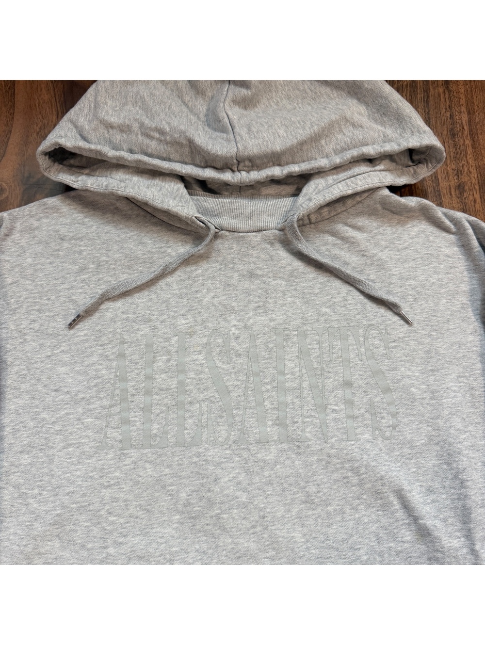 AllSaints Tonal Logo Pullover Hoodie Heather Grey Size Small Oversized